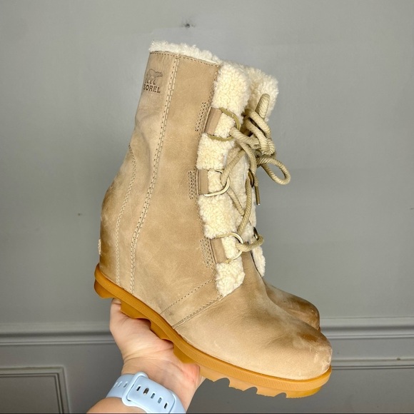 Sorel Joan of Arctic Wedge II Shearling Trim Sand Leather Boot - Picture 1 of 10